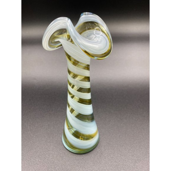 Blue Yellow and Clear Striped Art Glass Calla Lily Swirl Vase - 6.50 Tall - Picture 9 of 9